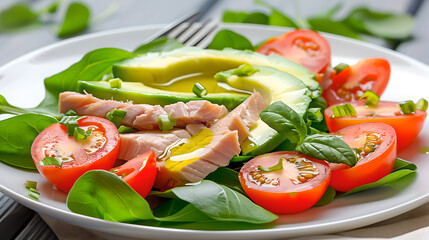 Fresh tuna salad with avocado and tomatoes, drizzled with olive oil