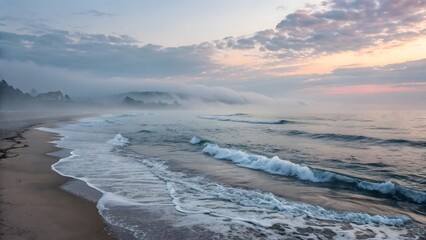 Fototapeta premium A mysterious and calm seascape with a layer of fog covering the horizon, gentle waves washing over the shore, and subtle pastel colors in the sky, reminiscent of nuanced lighting.