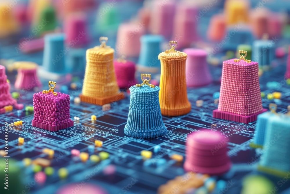 Poster a colorful, close-up view of a circuit board with vibrant towers, showcasing intricate technology an