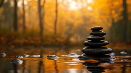 Obraz premium Autumnal forest, zen stones in calm water, wellness