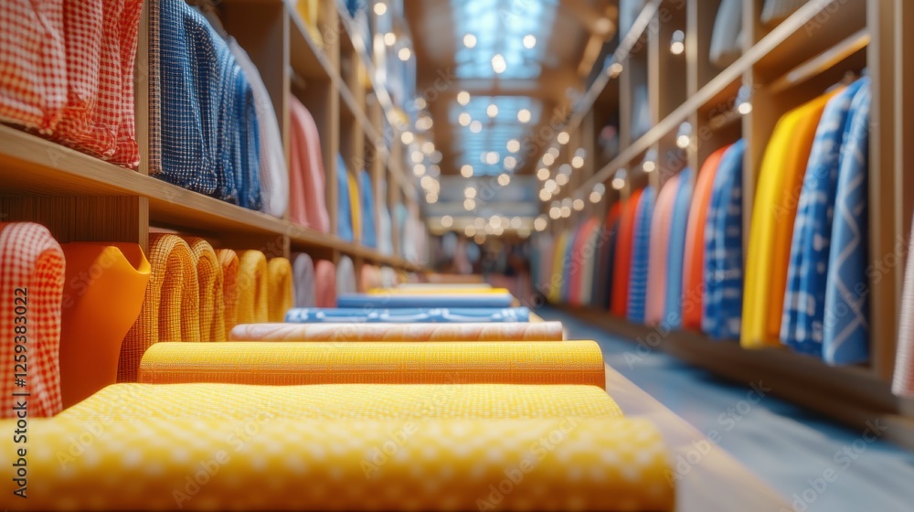 Poster a vibrant fabric store displaying neatly arranged colorful rolls of fabric along wooden shelves, cre