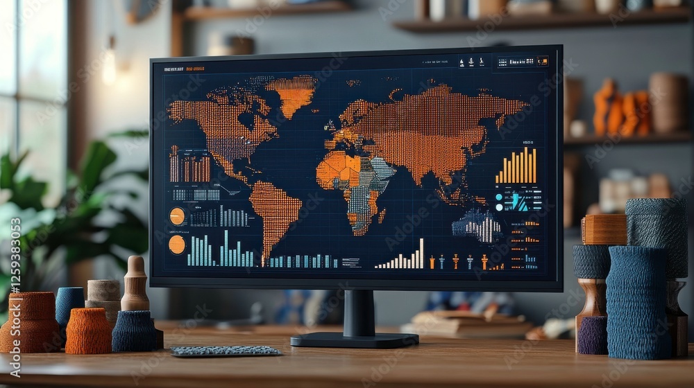 Poster a vibrant monitor displays a world map with data visualizations, set in a cozy workspace surrounded 