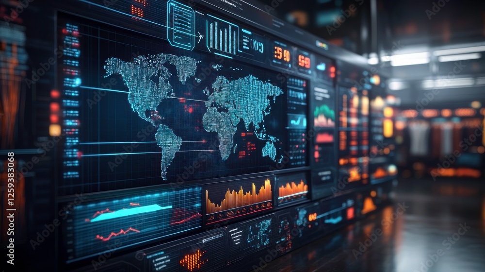 Poster a futuristic digital dashboard displays a world map and data analytics, featuring glowing graphs and