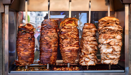 Meat is fried for shawarma, street background