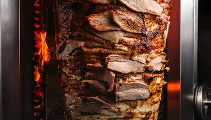 -up meat is fried for shawarma 