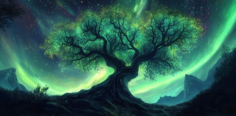 Majestic old tree illuminated by the ethereal glow of the aurora