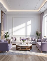 Elegant Living Room Interior with Lavender Accents and Natural Light