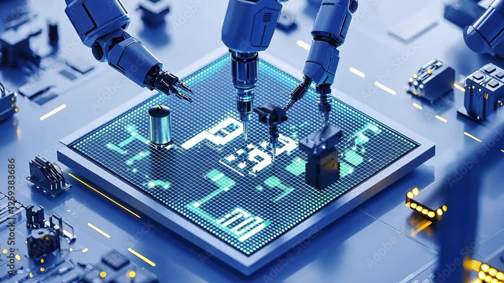 Poster robotic arms assembling circuit board in futuristic factory setting, showcasing advanced technology 
