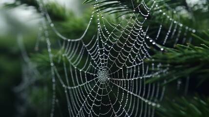 Naklejka premium Dew-Kissed Spiderweb in the Forest