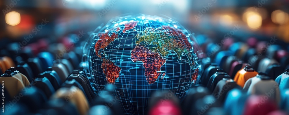 Poster a digital globe surrounded by colorful circular patterns, symbolizing global connectivity and techno