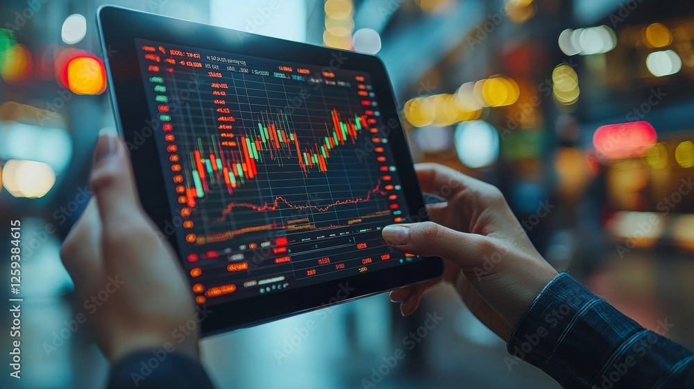 Aufkleber analyzing stock market trends on digital devices urban financial hub data visualization high-tech en