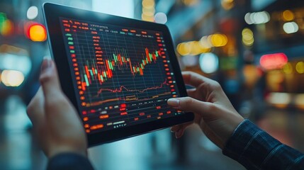 Analyzing stock market trends on digital devices urban financial hub data visualization high-tech environment close-up perspective business intelligence insights