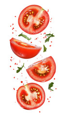 flying Sliced red tomato isolated on transparent white background, clipping path