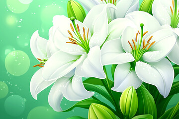 A bouquet of white flowers with green stems. The flowers are arranged in a vase and are the main focus of the image. The background is a green color, which complements the white flowers