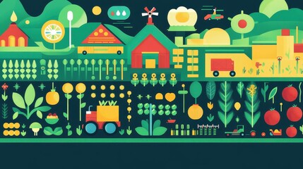 High-quality stock vector of agriculture tech symbols, featuring renewable energy integration, hydroponic farming, AI-powered pest detection, self-driving farm equipment, and data-driven yield predict