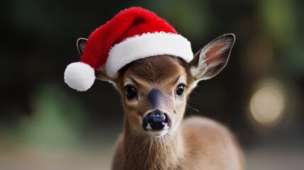 Santa hat on a baby deer. Festive and charming scene. Highlighting holiday magic and wildlife. Perfect for Christmas-themed wildlife decorations.
