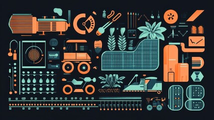 Obraz premium High-quality stock vector of agriculture tech symbols, featuring renewable energy integration, hydroponic farming, AI-powered pest detection, self-driving farm equipment, and data-driven yield predict