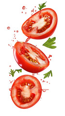 flying Sliced red tomato isolated on transparent white background, clipping path