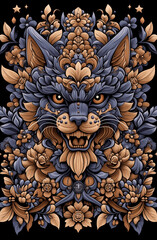 A cat with a flowery face is shown in a painting. The cat has a fierce expression and is surrounded by a lot of flowers. The painting has a lot of detail and is very colorful