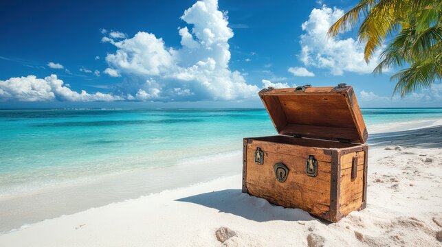 Open treasure chest on tropical beach, ocean view
