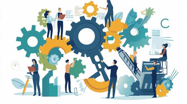 Business people working together building a big gear mechanism