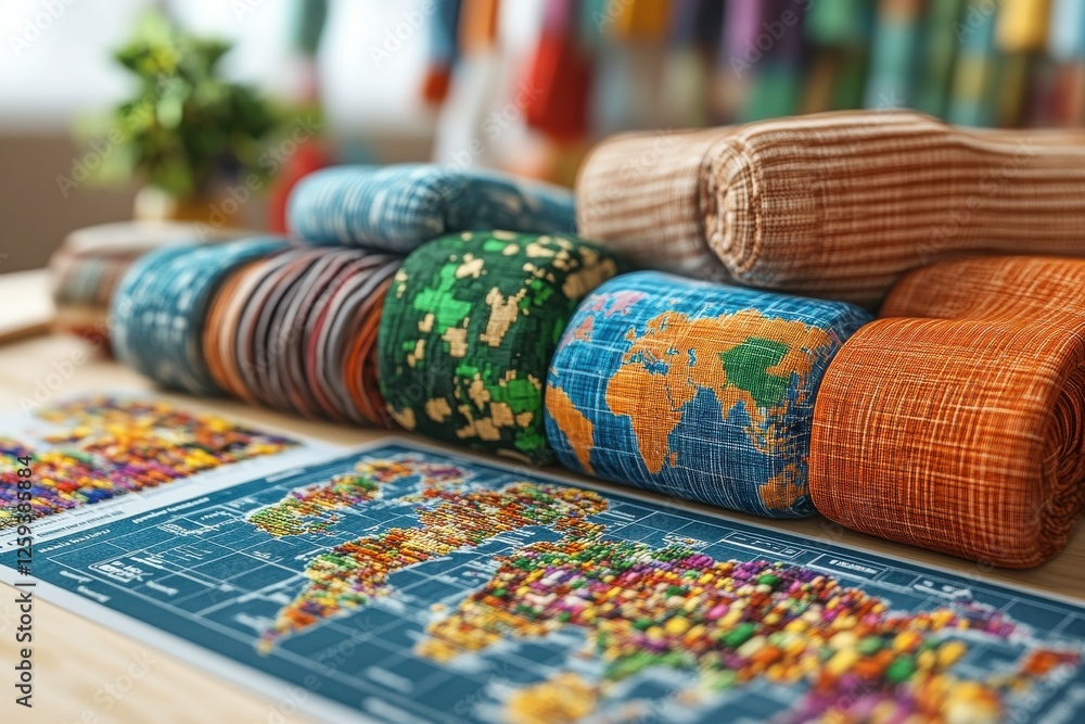 Poster colorful textiles lay atop a detailed world map, showcasing vibrant patterns and inviting exploratio