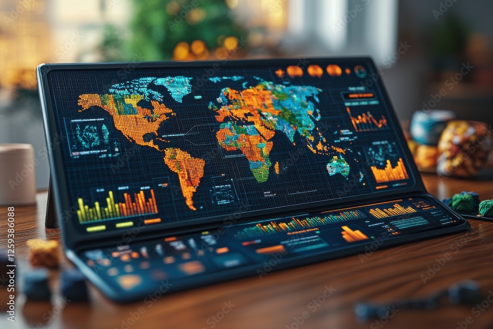 Poster a vibrant digital dashboard displays a world map with data visualizations, highlighting global stati
