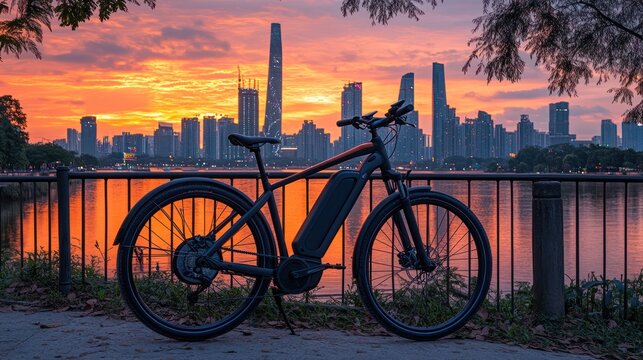Electric bike sunset city park advertising