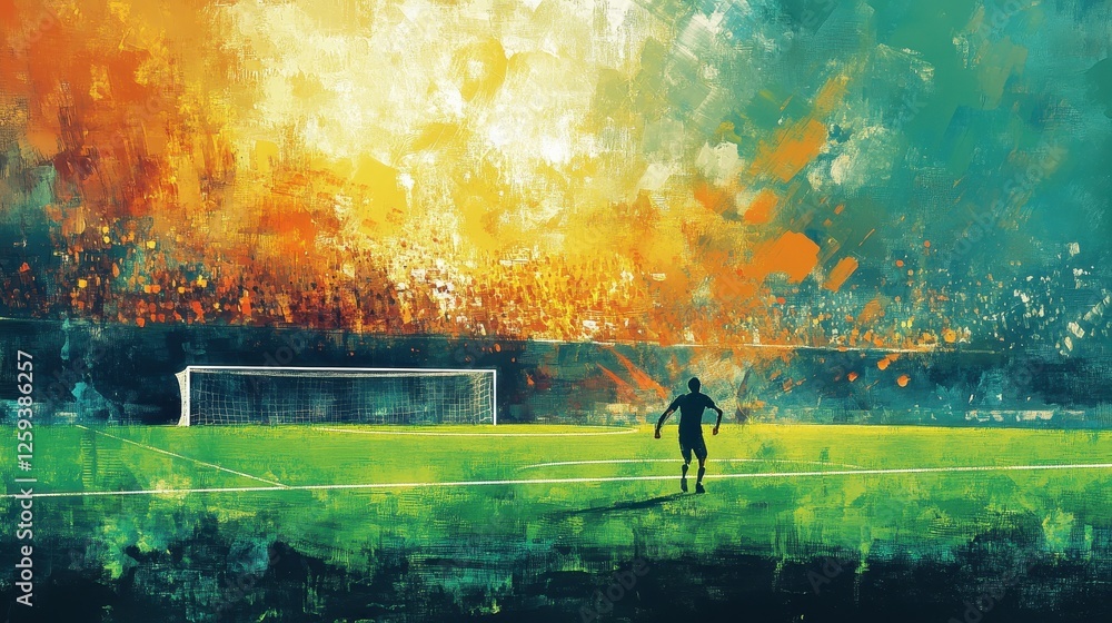 Poster impressionistic soccer player is running towards the goalpost