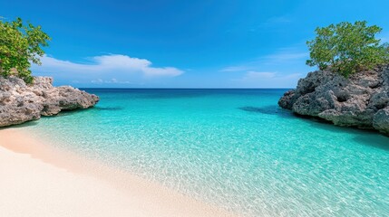 Fototapeta premium Serene tropical beach with clear turquoise waters, rocky formations, and lush greenery under a blue sky