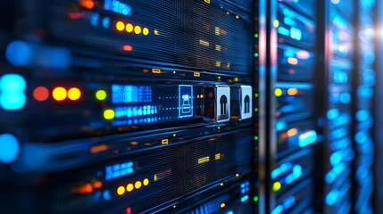 Naklejka premium Identity Management Securing Organizing Digital Safety Close-up of modern server equipment.