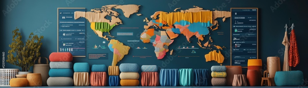 Poster a colorful world map is displayed against a blue wall, complemented by neatly stacked textiles, crea