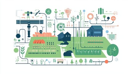 Infographic-style icon pack illustrating innovative farming technology, displaying machine learning applications, remote sensing, climate-smart agriculture, automated crop rotation.