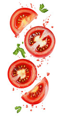 flying Sliced red tomato isolated on transparent white background, clipping path