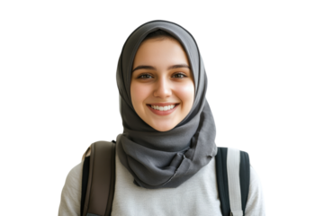 Smiling girl wearing hijab with backpack isolated on white or transparent, PNG