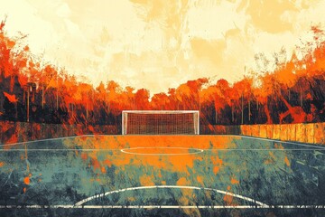 Abstract painting depicts a soccer field with trees behind