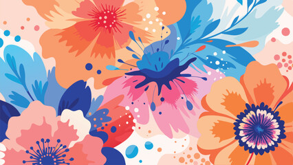 A dynamic background with splashes of watercolor in shades of pink, blue, and orange forming delicate floral patterns. flower background