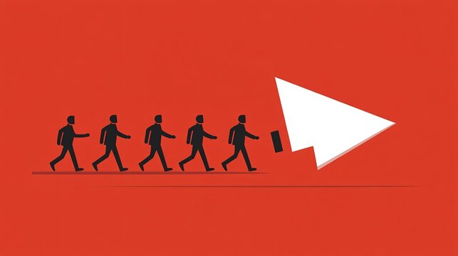 Businessmen walking in line toward huge computer mouse cursor