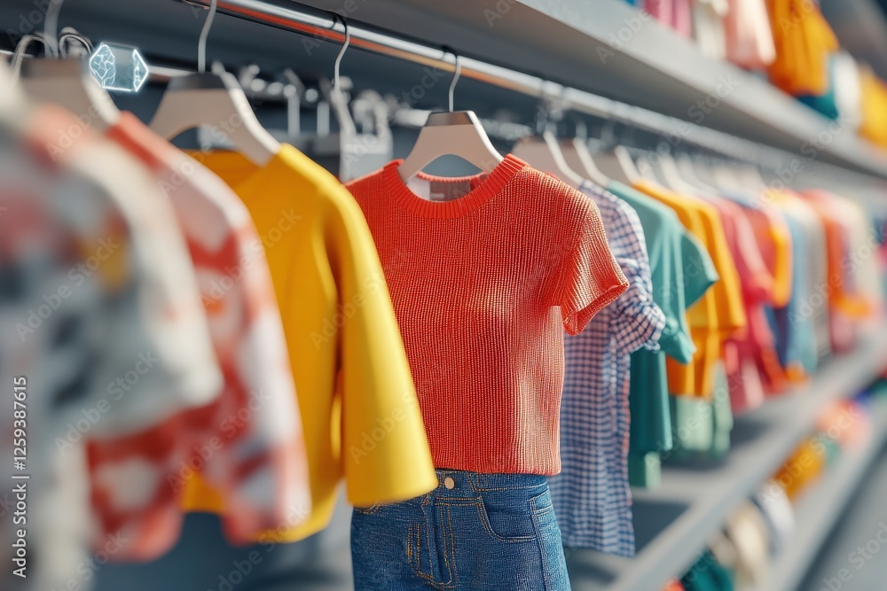 Poster a colorful display of assorted clothing items hangs on hangers, showcasing various styles and patter