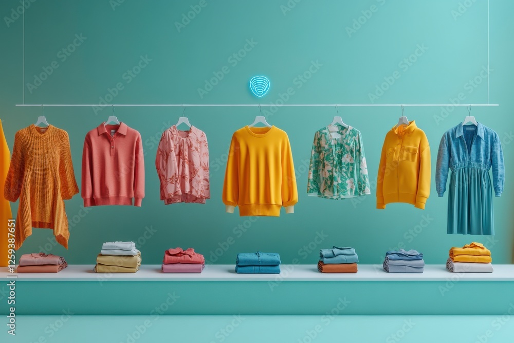 Poster a vibrant display of colorful clothing hangs on a wall, with neatly folded garments on a shelf below