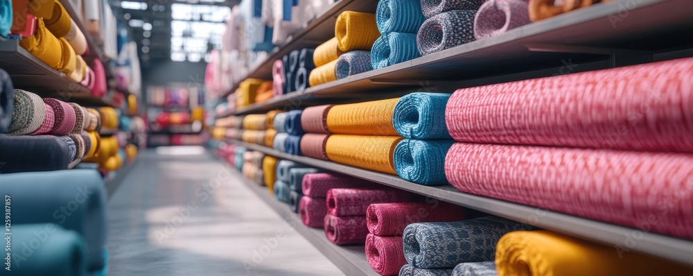 Poster a vibrant display of neatly stacked fabric rolls in a textile store, showcasing a variety of colors 
