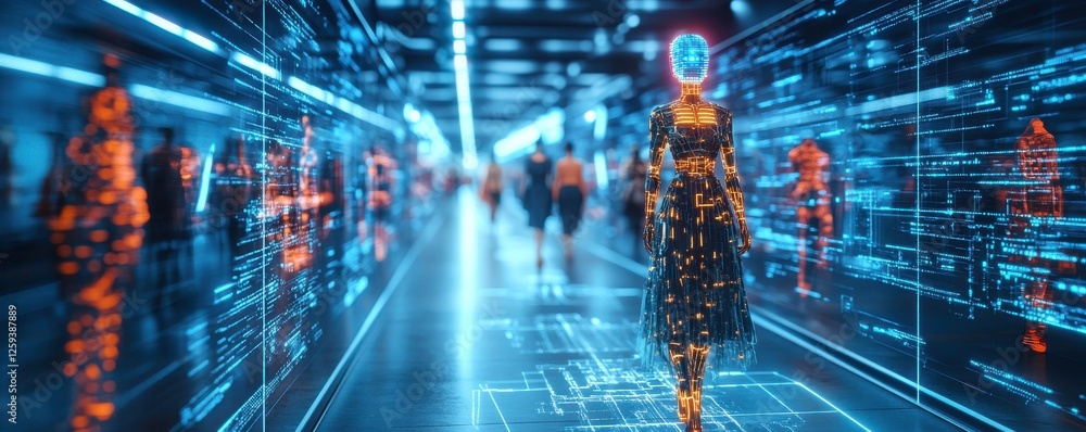Poster a futuristic scene depicting digital figures in a high-tech environment, blending technology and hum