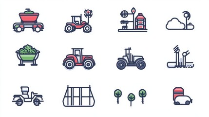 Minimalistic icon collection representing digital agriculture, including cloud-based farm management, soil health tracking, robotic harvesting, GPS-guided tractors, and automated livestock monitoring,
