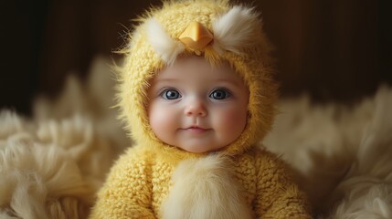Cheerful Baby in Fluffy Yellow Costume Exuding Joy and Innocence