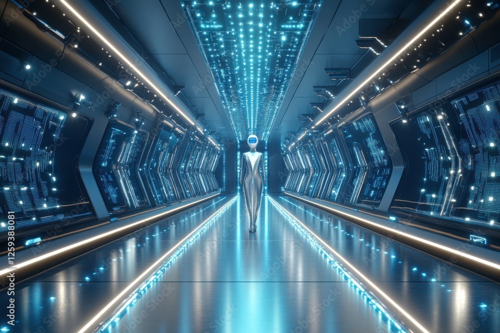 Poster a futuristic corridor illuminated by blue lights, featuring sleek lines and a high-tech atmosphere, 
