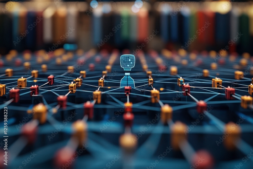 Poster a futuristic network of interconnected nodes and a transparent figure at the center, symbolizing con
