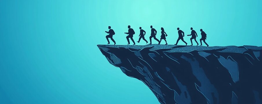 Business people running off a cliff blindly following leader