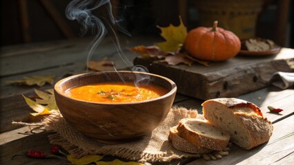 Cozy Autumn Hearth: Vibrant Spiced Pumpkin Soup & Rustic Bread