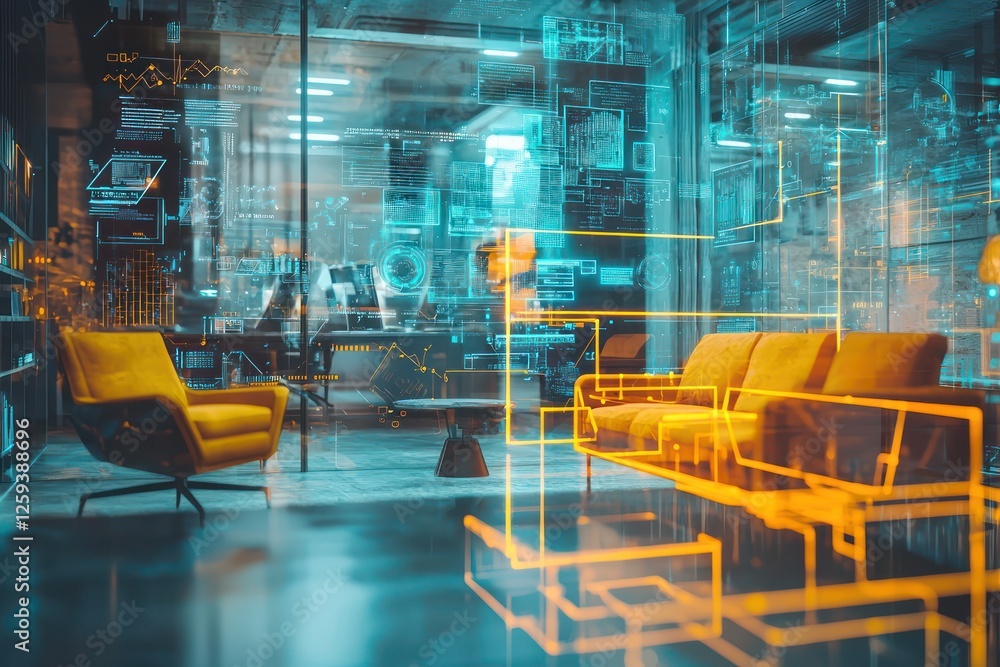 Poster high-tech business setting featuring transparent holographic interface overlays.