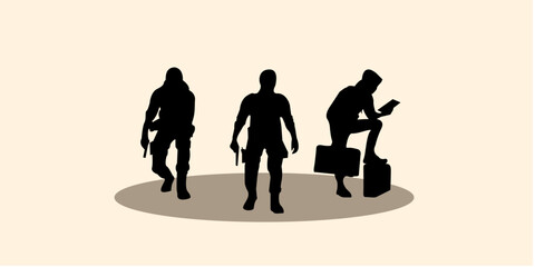 Graphic set silhouette of robber concept. 2D icon of man shadow dark. vector illustration.